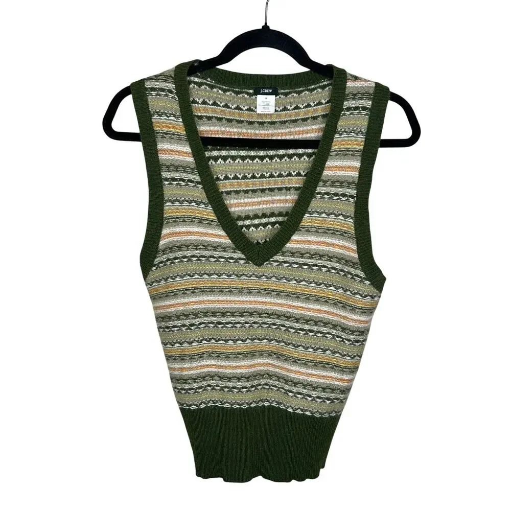 J. Crew Womens M Green Fair Isle V-Neck Knit Vest Wool Angora Blend Sweater